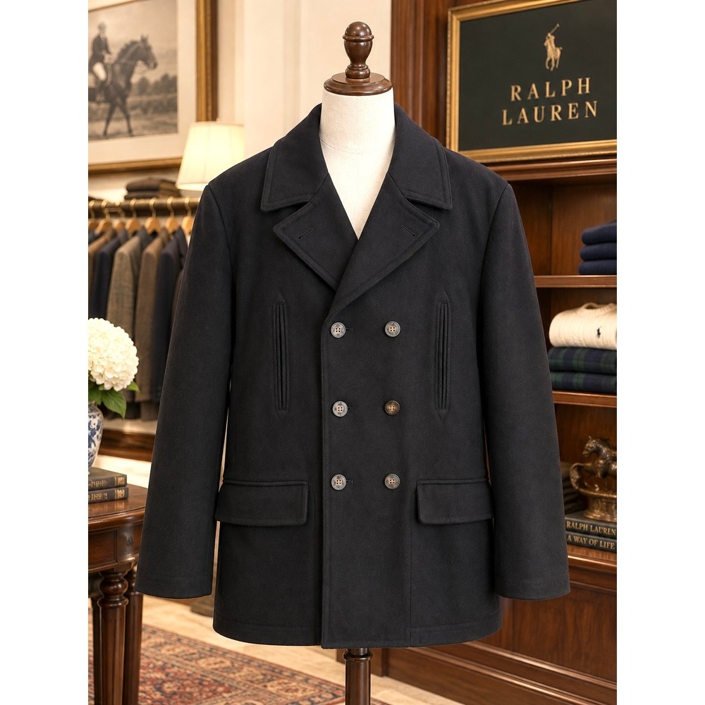 Lauren Ralph Lauren Mens 46R Black Wool Blend Double Breasted Luke Peacoat $398